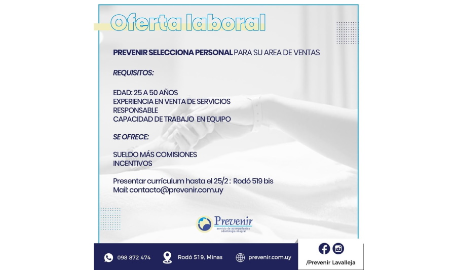 10.02.2022 Oferta laboral de Prevenir Lavalleja para el área de ventas